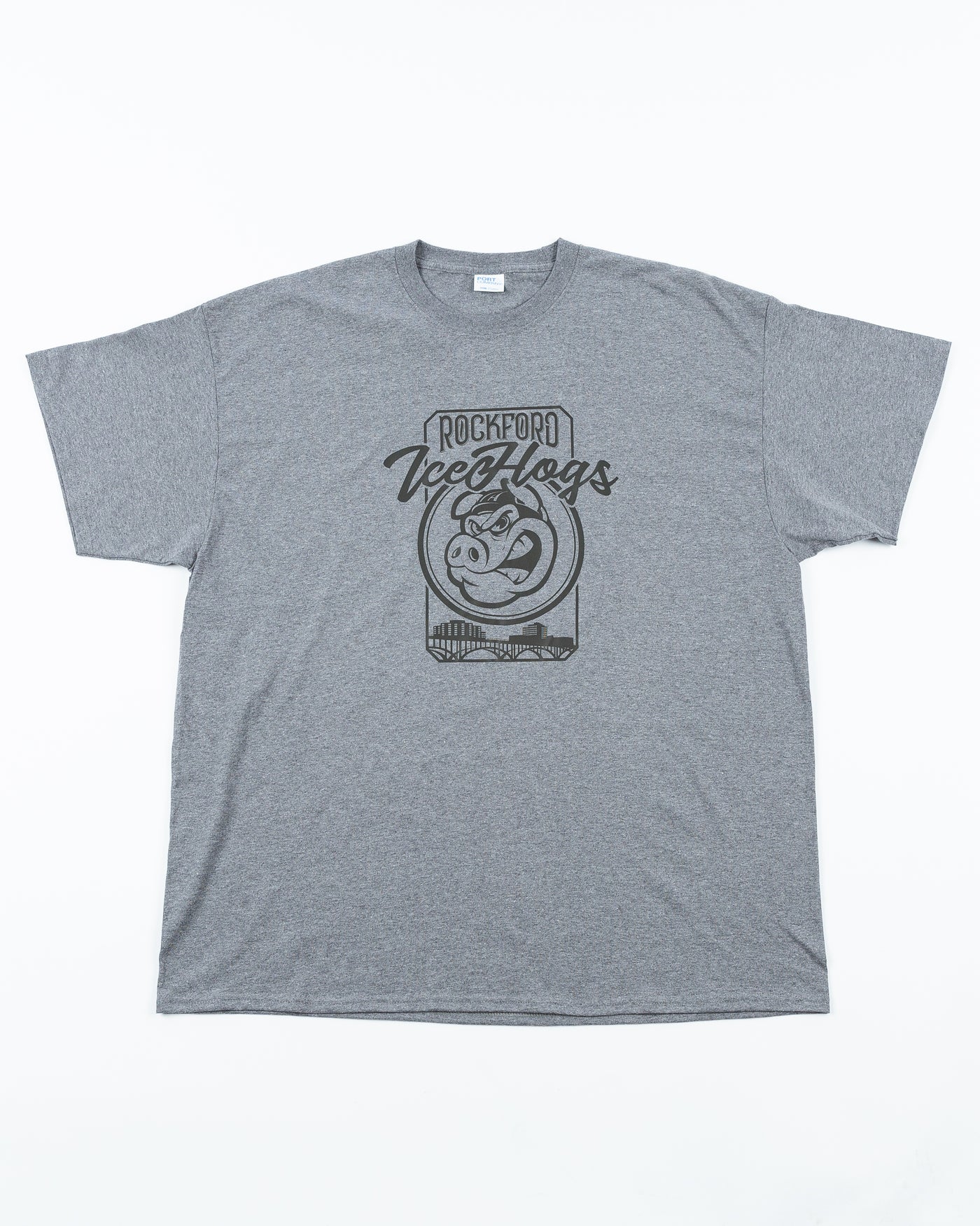 grey Rockford IceHogs tee with wordmark and Hammy and skyline inspired graphic across front - front lay flat