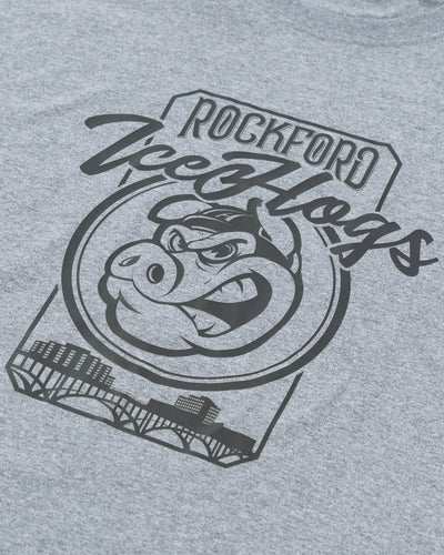 grey Rockford IceHogs tee with wordmark and Hammy and skyline inspired graphic across front - detail lay flat