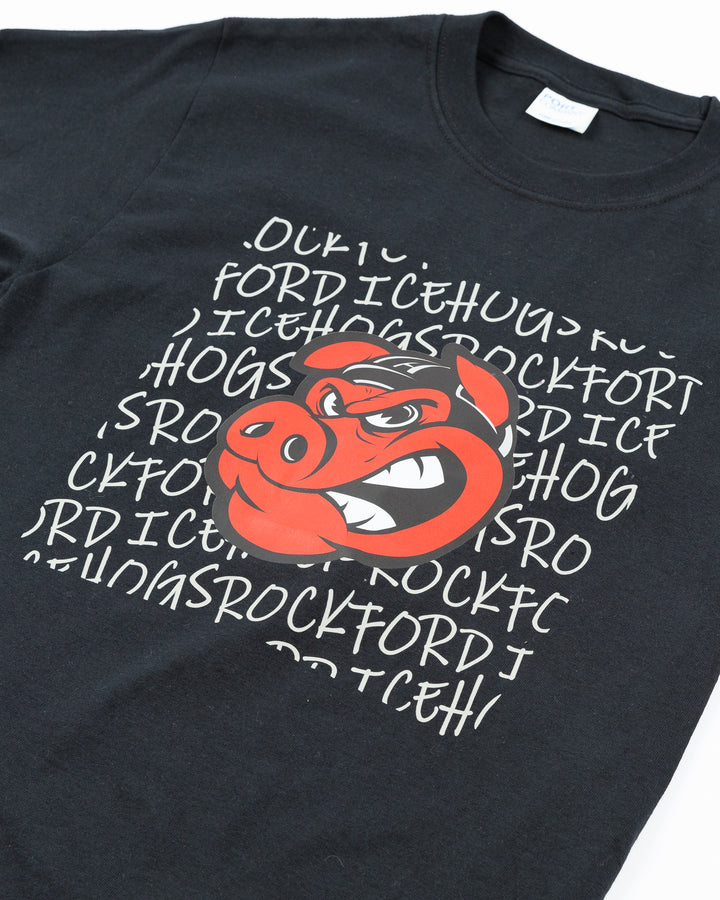 black tee with Rockford IceHogs Hammy across chest and wordmark scribble inspired design - detail lay flat