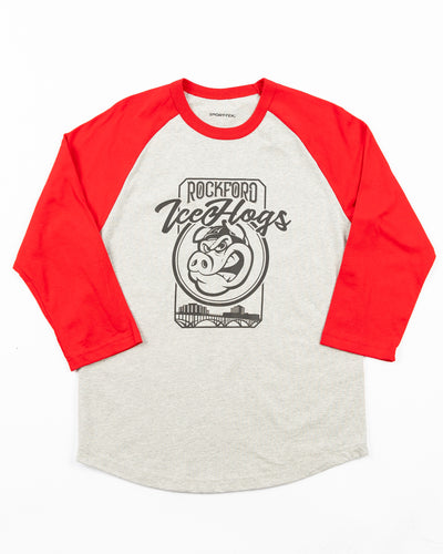 grey and red raglan tee with Rockford IceHogs graphic with skyline inspired design on front - front lay flat