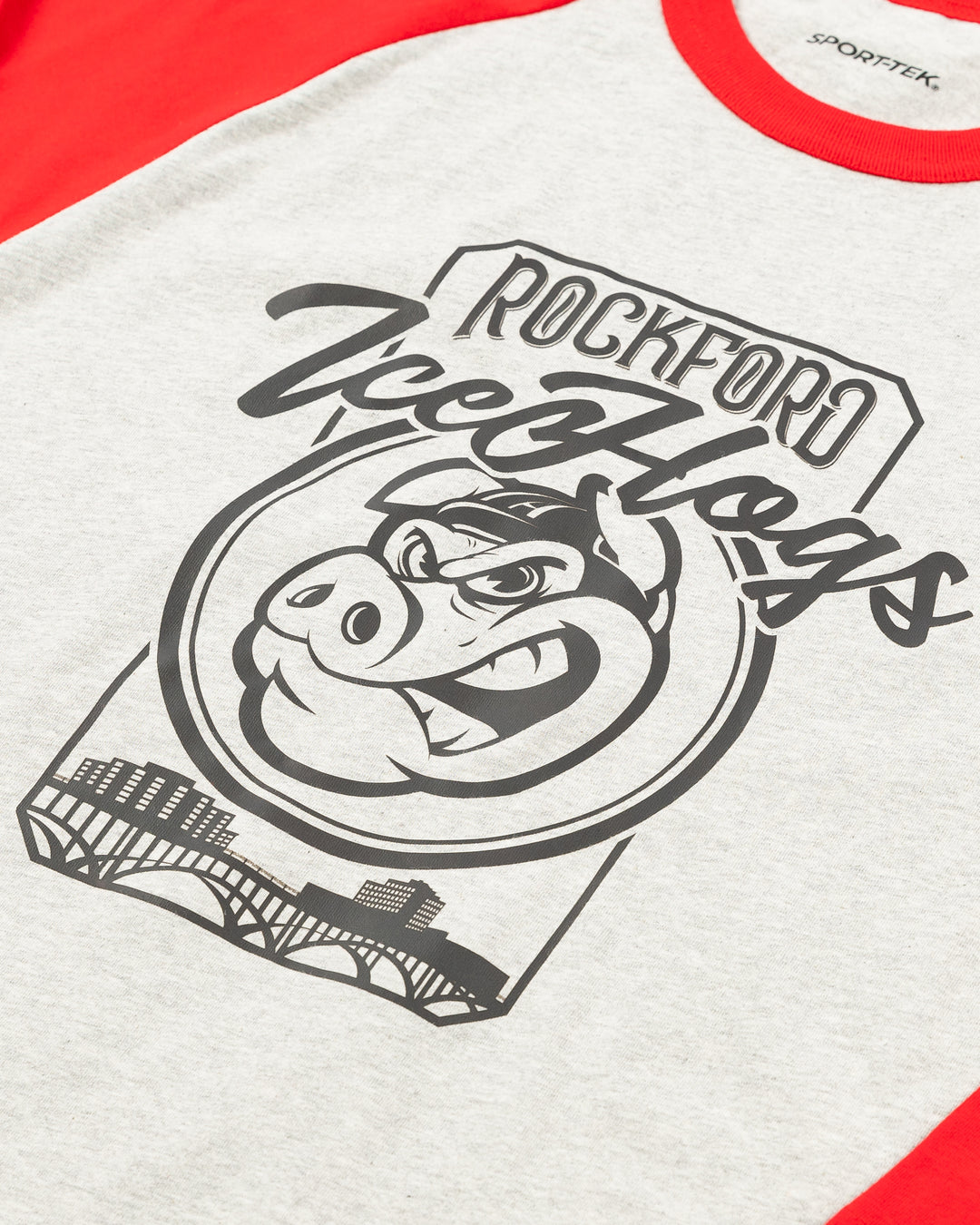 grey and red raglan tee with Rockford IceHogs graphic with skyline inspired design on front - detail lay flat