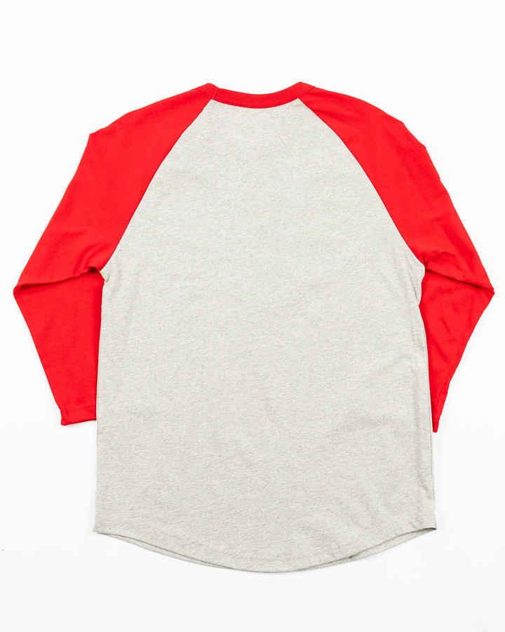 grey and red raglan tee with Rockford IceHogs graphic with skyline inspired design on front - back lay flat