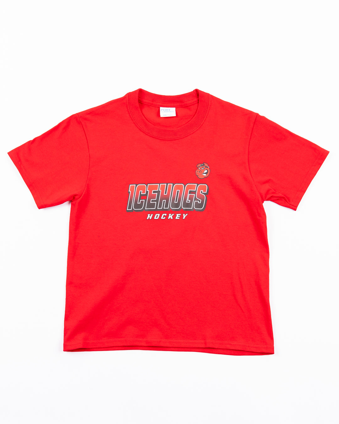 red youth tee with Rockford IceHogs wordmark and Hammy across the front - front lay flat