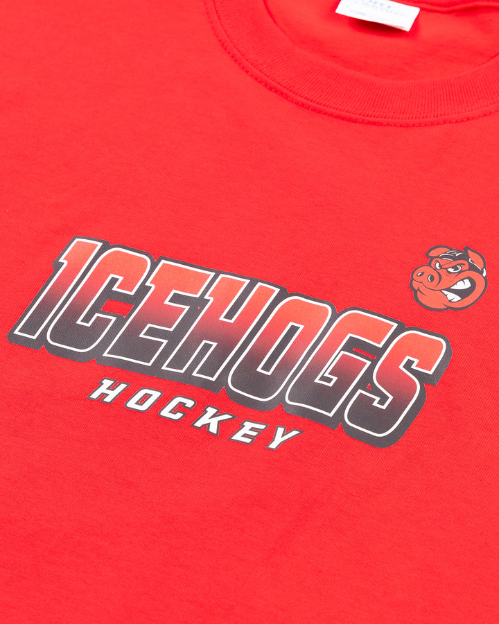 red youth tee with Rockford IceHogs wordmark and Hammy across the front - detail lay flat