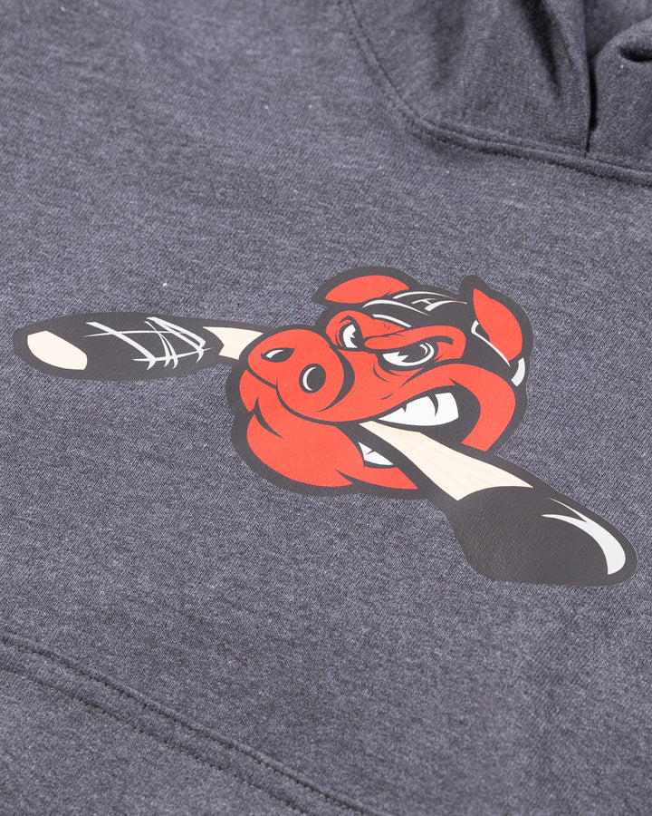 grey youth hoodie with Rockford IceHogs Hammy printed on the front - detail lay flat