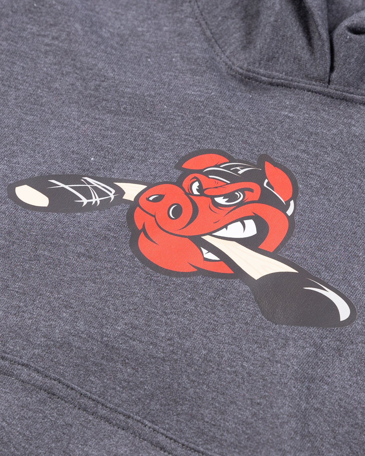 grey youth hoodie with Rockford IceHogs Hammy printed on the front - detail lay flat