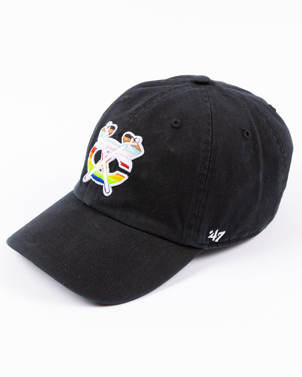 black '47 adjustable hat with Chicago Blackhawks secondary logo in pride colorway embroidered on the front - left angle lay flat