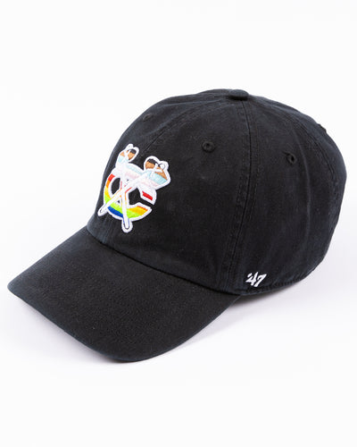 black '47 adjustable hat with Chicago Blackhawks secondary logo in pride colorway embroidered on the front - left angle lay flat