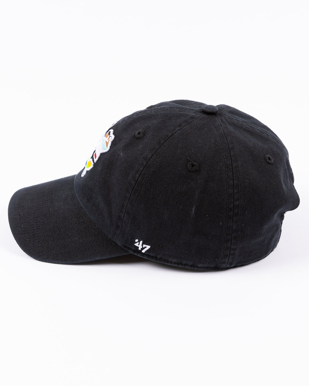 black '47 adjustable hat with Chicago Blackhawks secondary logo in pride colorway embroidered on the front - left side lay flat