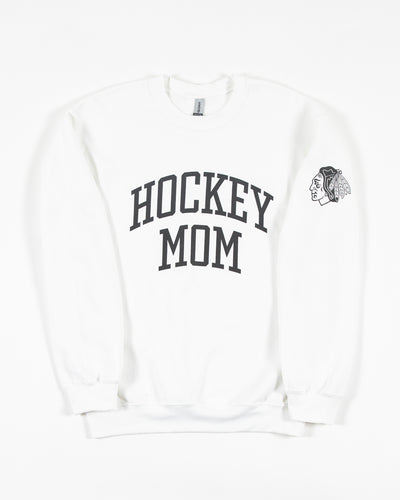 White Chicago Blackhawks Hockey Mom crewneck with primary logo on left shoulder - front lay flat
