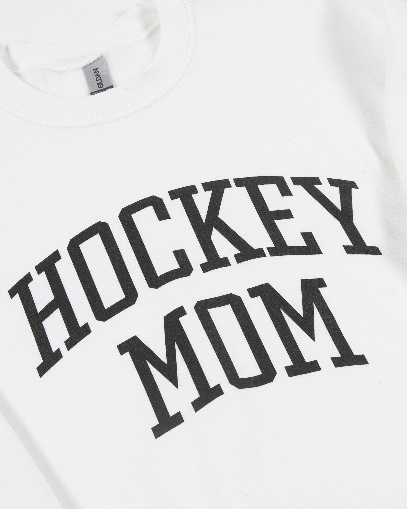 White Chicago Blackhawks Hockey Mom crewneck with primary logo on left shoulder - detail lay flat