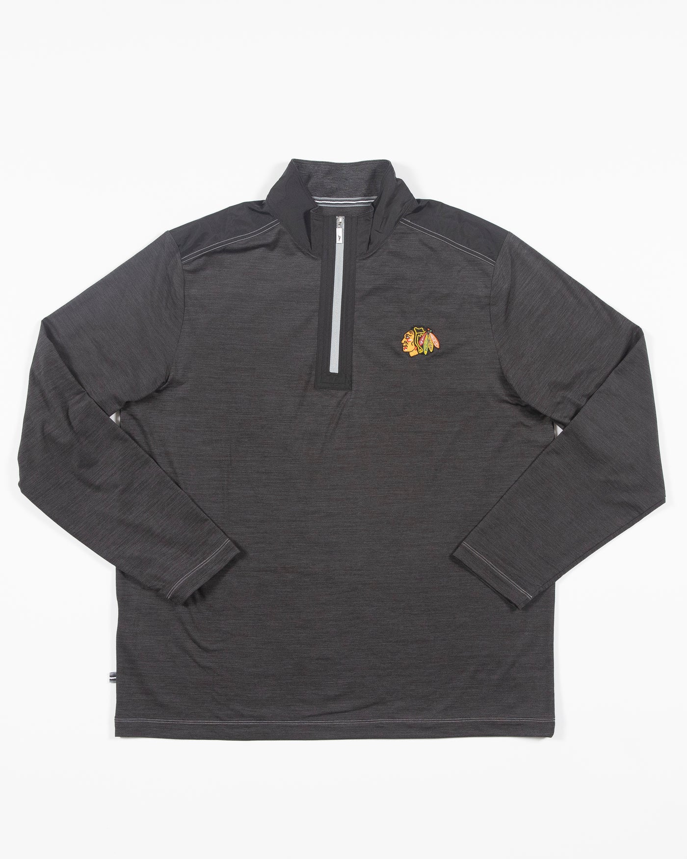 dark grey Tommy Bahama half zip with Chicago Blackhawks primary logo embroidered on left chest - front lay flat
