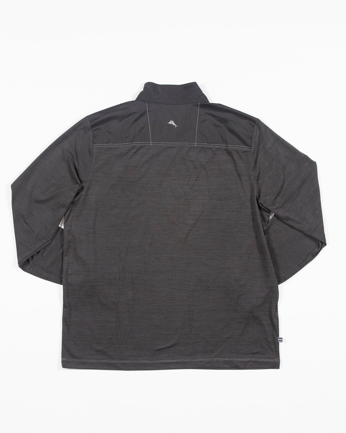 dark grey Tommy Bahama half zip with Chicago Blackhawks primary logo embroidered on left chest - back lay flat