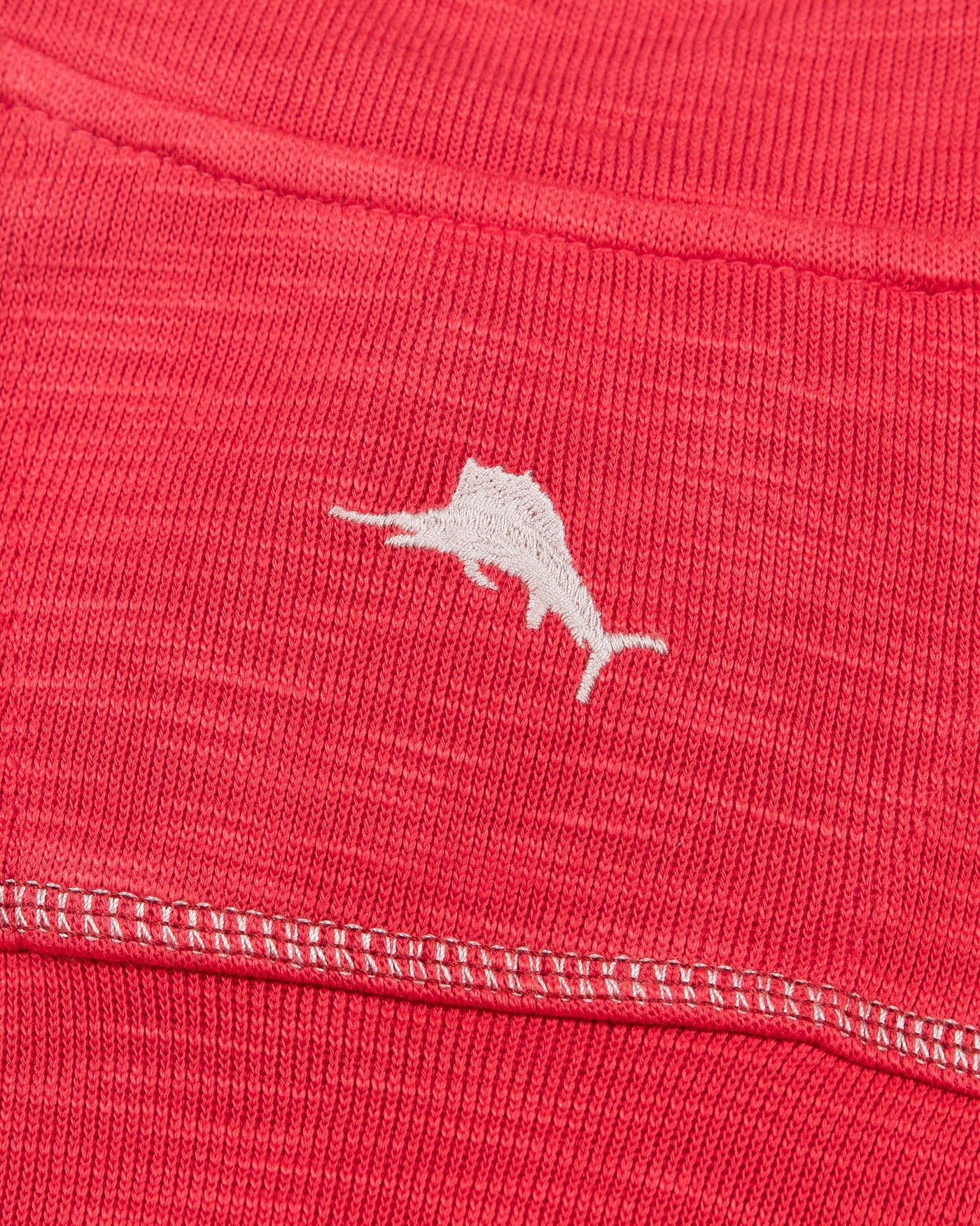 red Tommy Bahama half zip with Chicago Blacckhawks primary logo embroidered on left chest - back detail lay flat