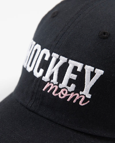 '47 brand black Chicago Blackhawks adjustable clean up cap with Hockey Mom script on front - detail lay flat