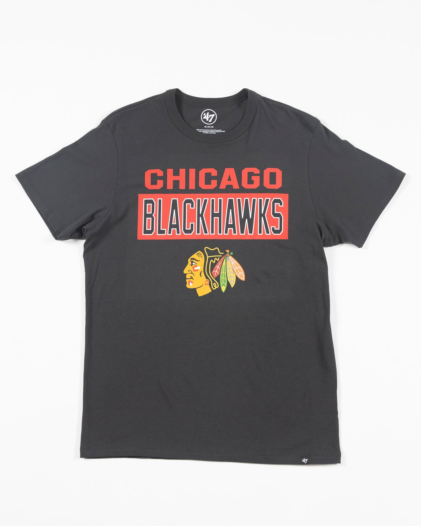 '47 brand black tee with Chicago Blackhawks wordmark and primary logo across chest - front lay flat