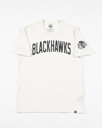 white '47 brand tee with embroidered distressed Blackhawks wordmark graphic across chest and tonal primary logo embroidered on left shoulder - front lay flat