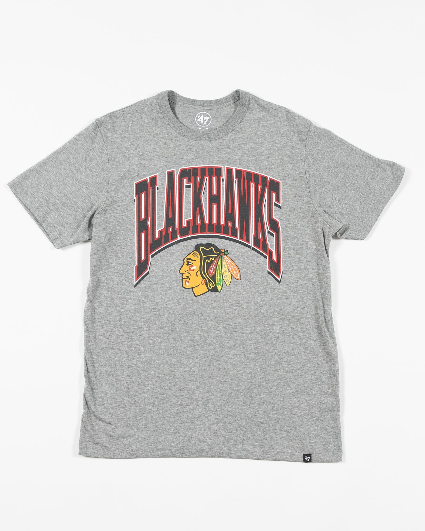 '47 brand grey short sleeve tee with Chicago Blackhawks wordmark graphic and primary logo across chest - front lay flat
