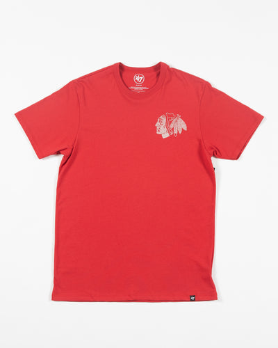 red '47 brand tee with white Chicago Blackhawks primary logo printed on left chest - front lay flat