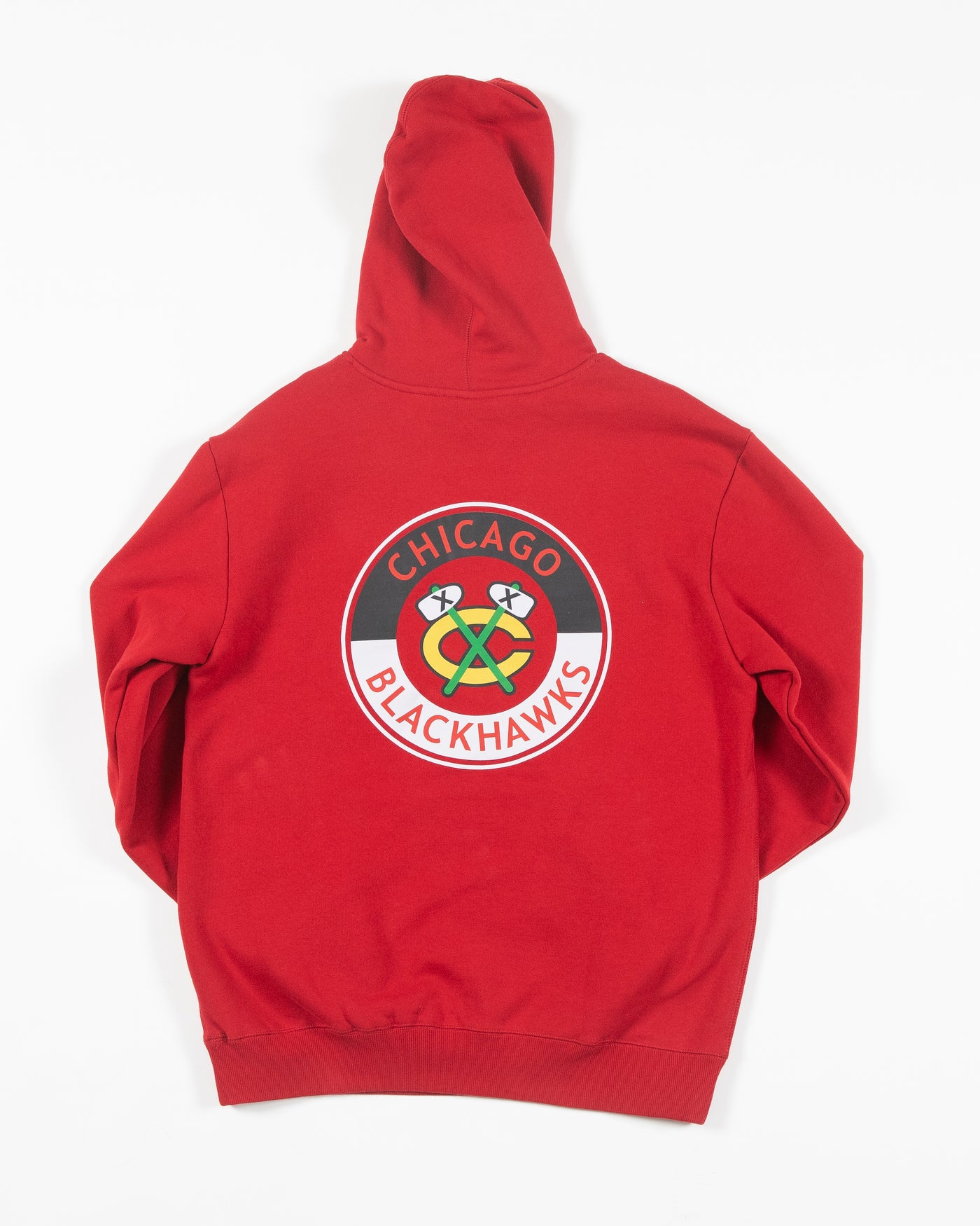 red Mitchell & Ness hoodie with Chicago Blackhawks secondary logo and wordmark graphic - back lay flat