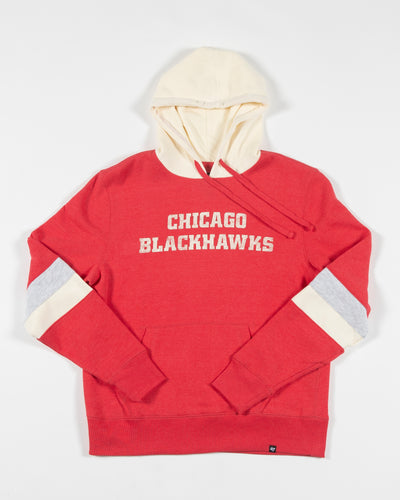 '47 brand hoodie with contrasting hood and two stripes on each arm and Chicago Blackhawks wordmark across the chest - front lay flat