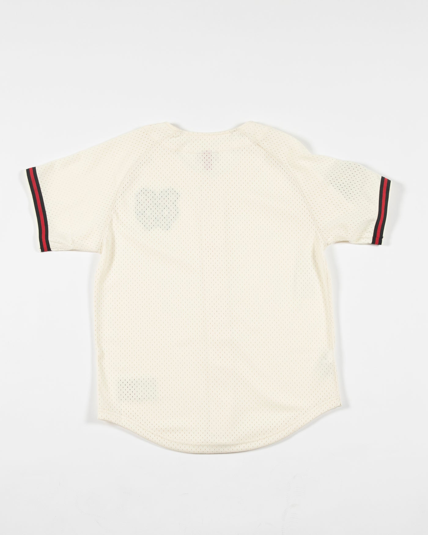 oatmeal Mitchell & Ness baseball inspired jersey with Chicago Blackhawks secondary logo on left chest and primary logo on right shoulder - back lay flat