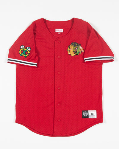red Mitchell & Ness baseball inspired jersey with Chicago Blackhawks primary logo on left chest and secondary logo on right shoulder - front lay flat