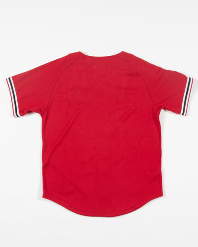 red Mitchell & Ness baseball inspired jersey with Chicago Blackhawks primary logo on left chest and secondary logo on right shoulder - back lay flat