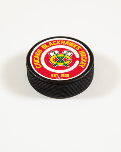 Chicago Blackhawks puck with secondary logo and word mark on front - front lay flat