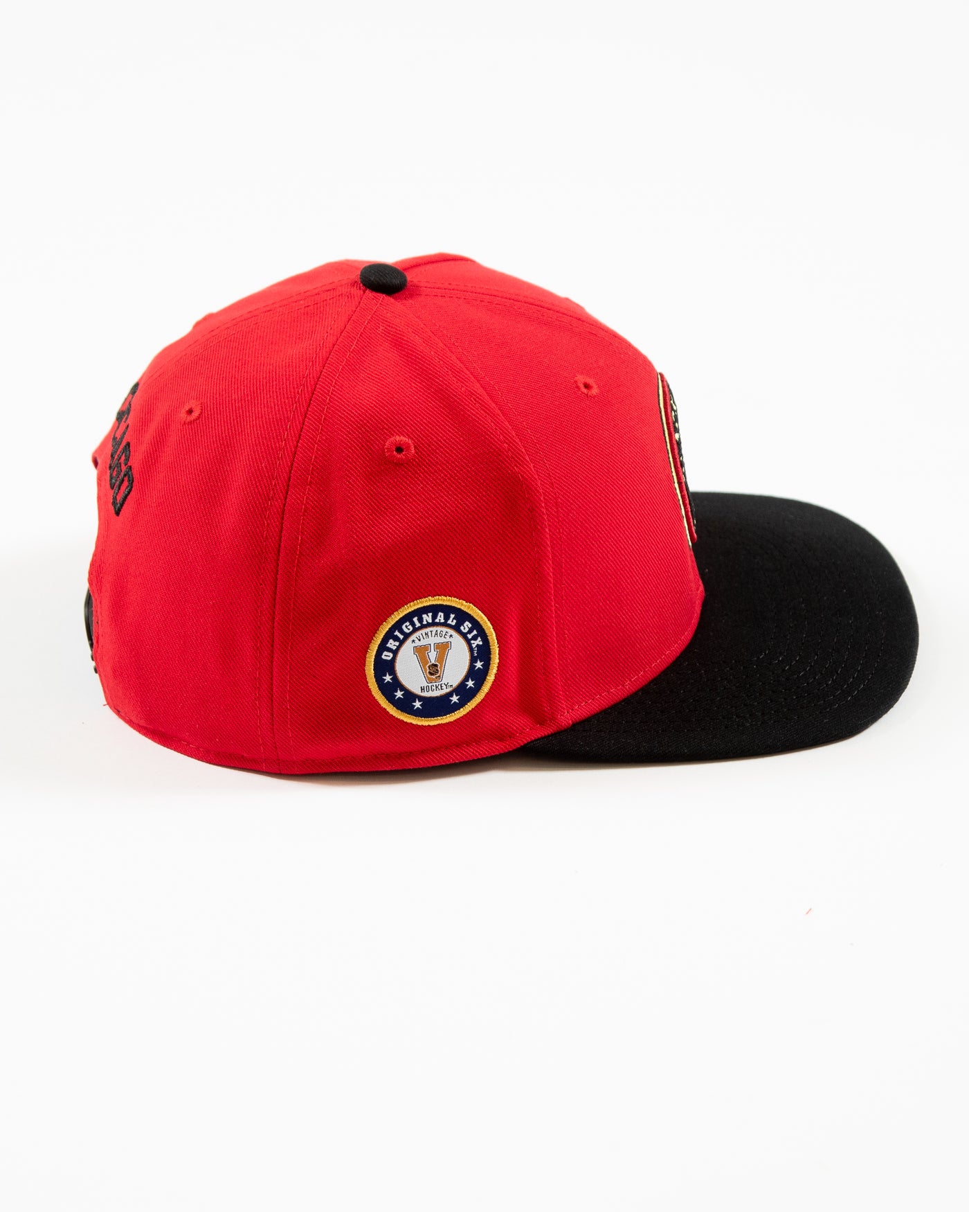 Red and black Fanatics snapback with vintage Chicago Blackhawks logo embroidered on front and original six patch embroidered on right side - right angle lay flat