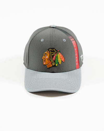 grey Fanatics fitted cap with Chicago Blackhawks primary logo on front and Chicago decal on left side - front angle