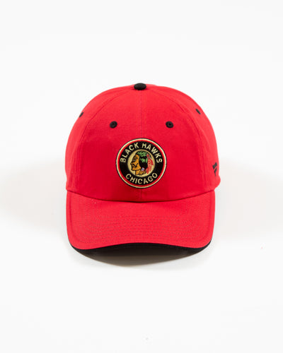 red Fanatics adjustable cap with Chicago Blackhawks vintage logo embroidered on front and original six graphic on back - front lay flat