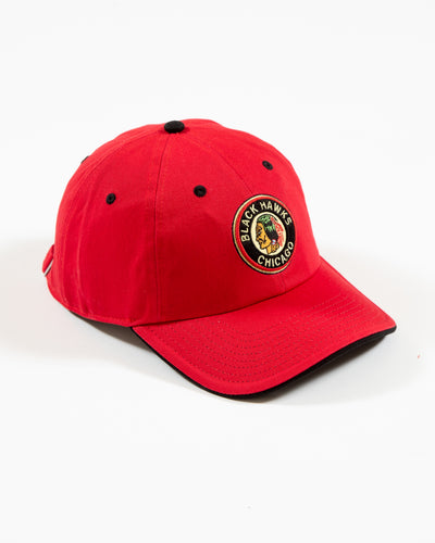 red Fanatics adjustable cap with Chicago Blackhawks vintage logo embroidered on front and original six graphic on back - right side lay flat