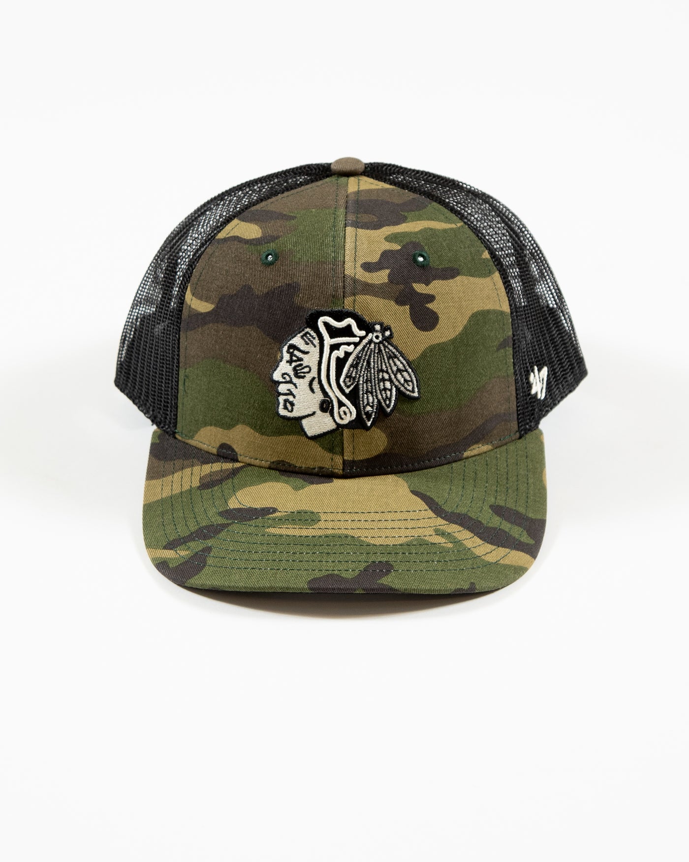 '47 brand camouflage adjustable trucker with Chicago Blackhawks primary logo embroidered on front - front lay flat