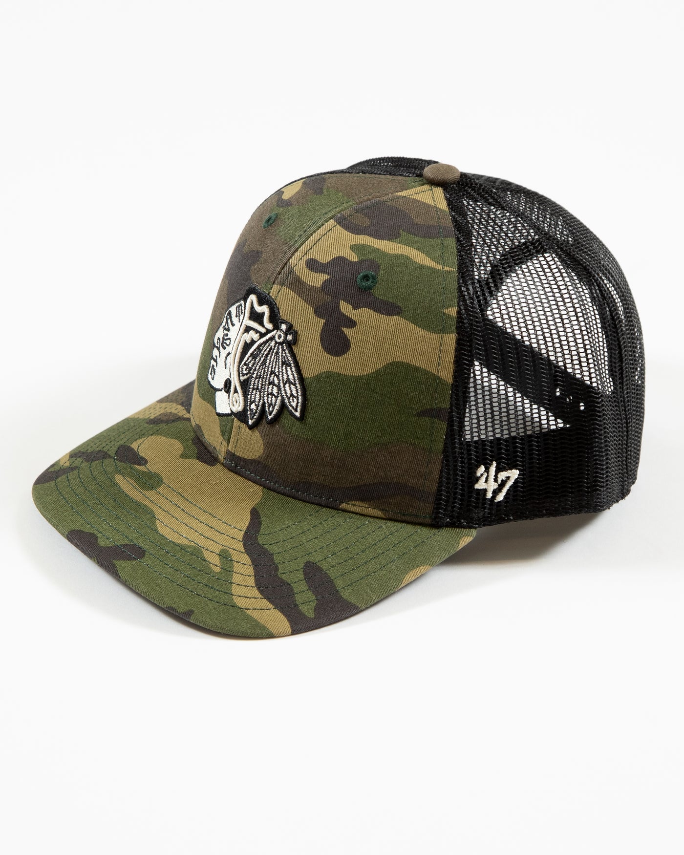 '47 brand camouflage adjustable trucker with Chicago Blackhawks primary logo embroidered on front - left side angle lay flat