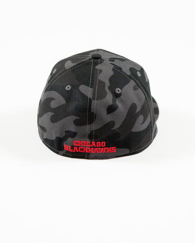 New Era black camo 59FIFTY fitted cap with Chicago Blackhawks primary logo embroidered on front - back lay flat