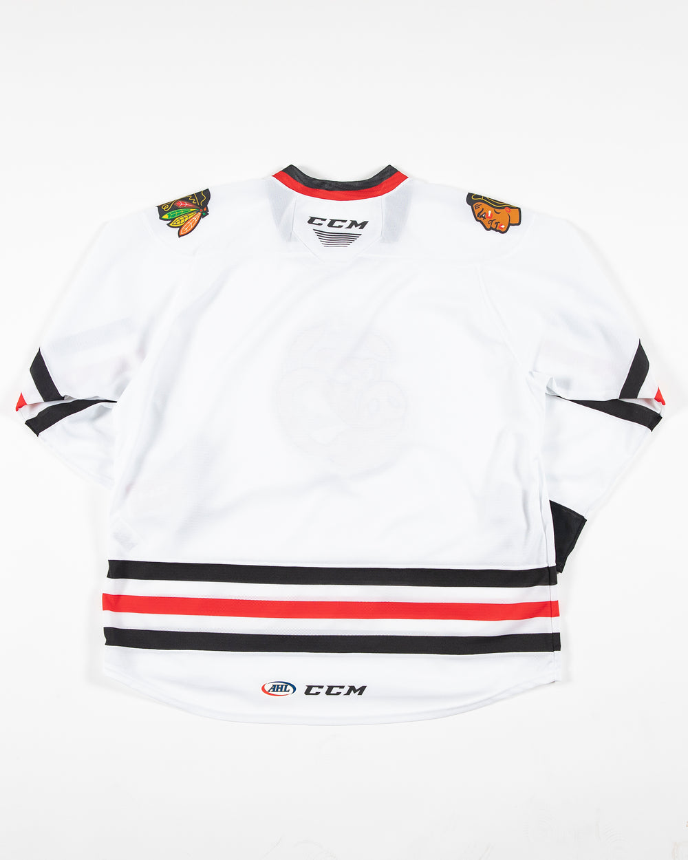 white CCM adult replica Rockford IceHogs jersey - back lay flat