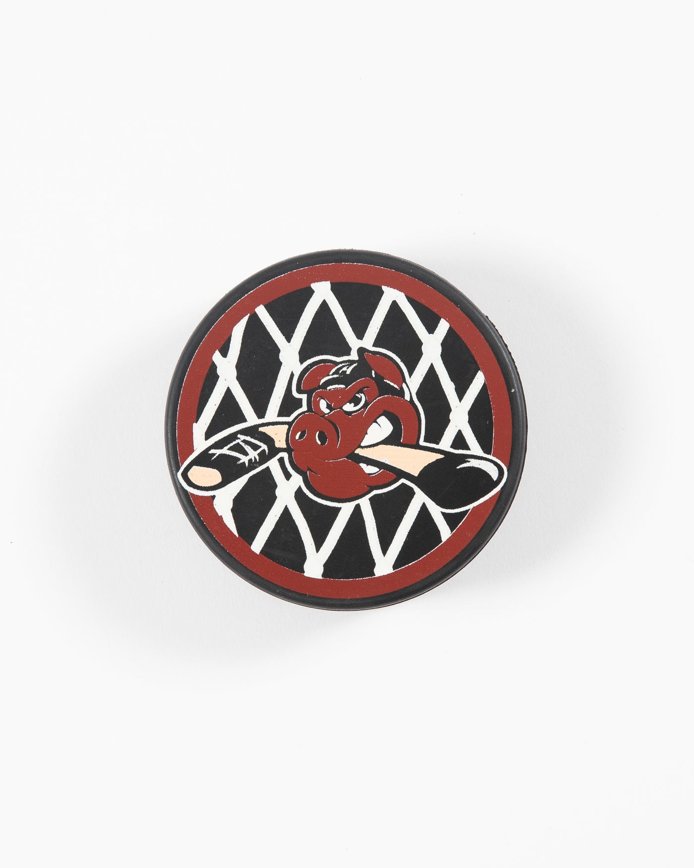 Rockford d IceHogs puck with net inspired design and Hammy - front lay flat