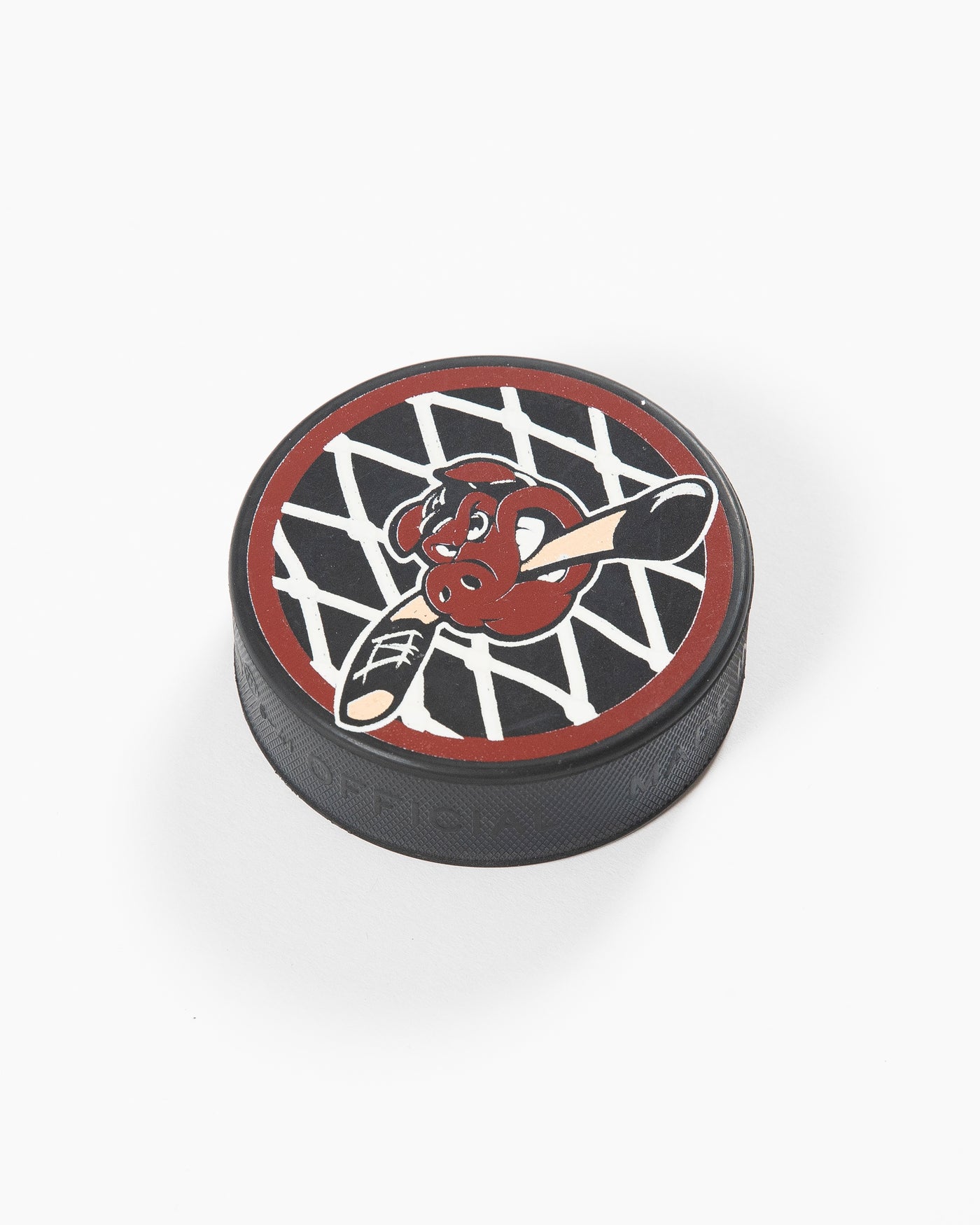 Rockford d IceHogs puck with net inspired design and Hammy - angled lay flat