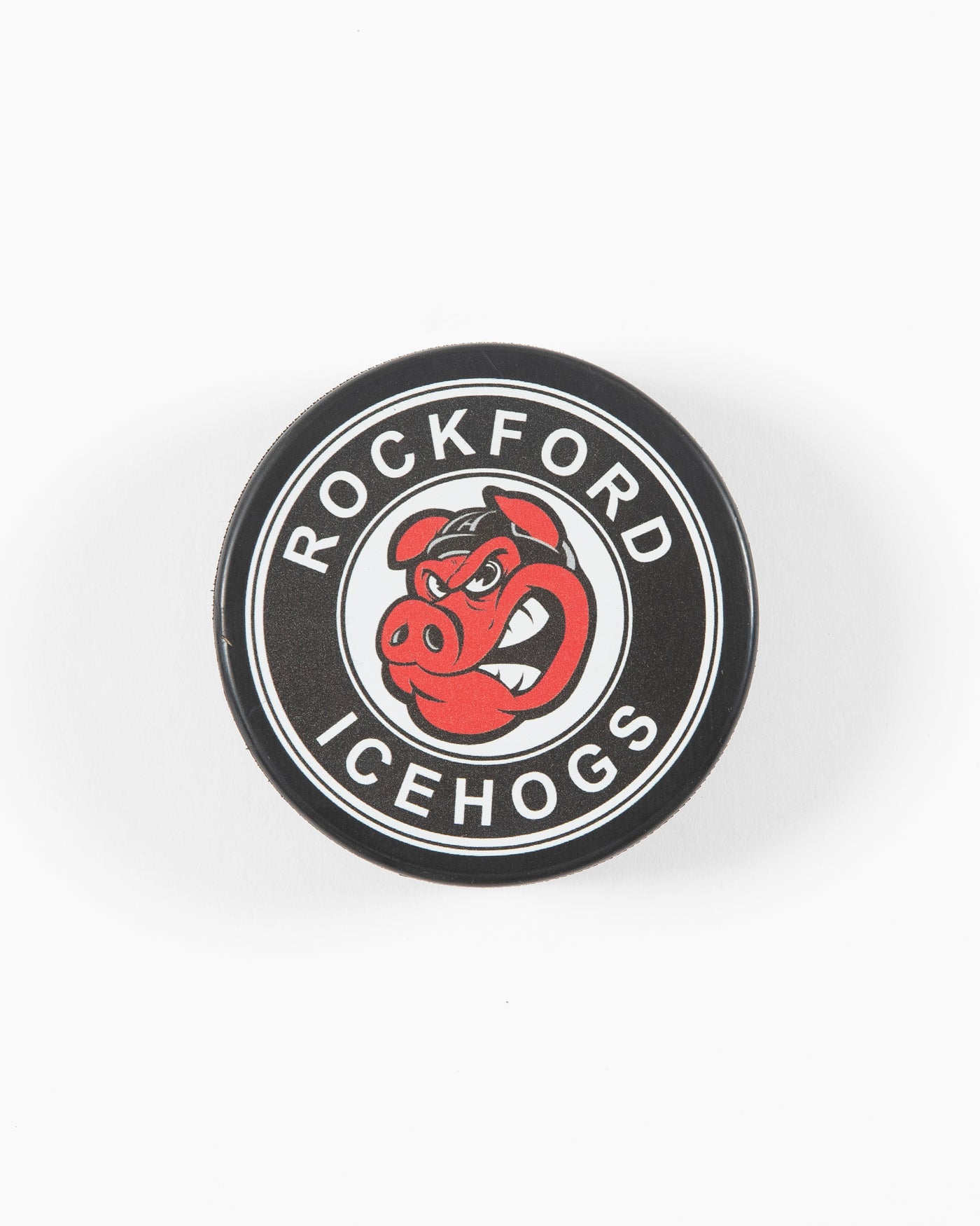 black hockey puck with Rockford IceHogs logo on front - front lay flat