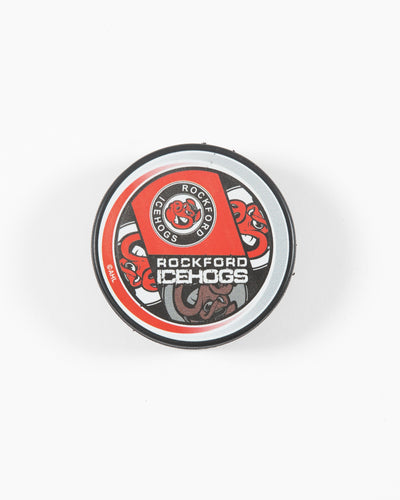 Rockford IceHogs puck with multi logo pattern - front lay flat