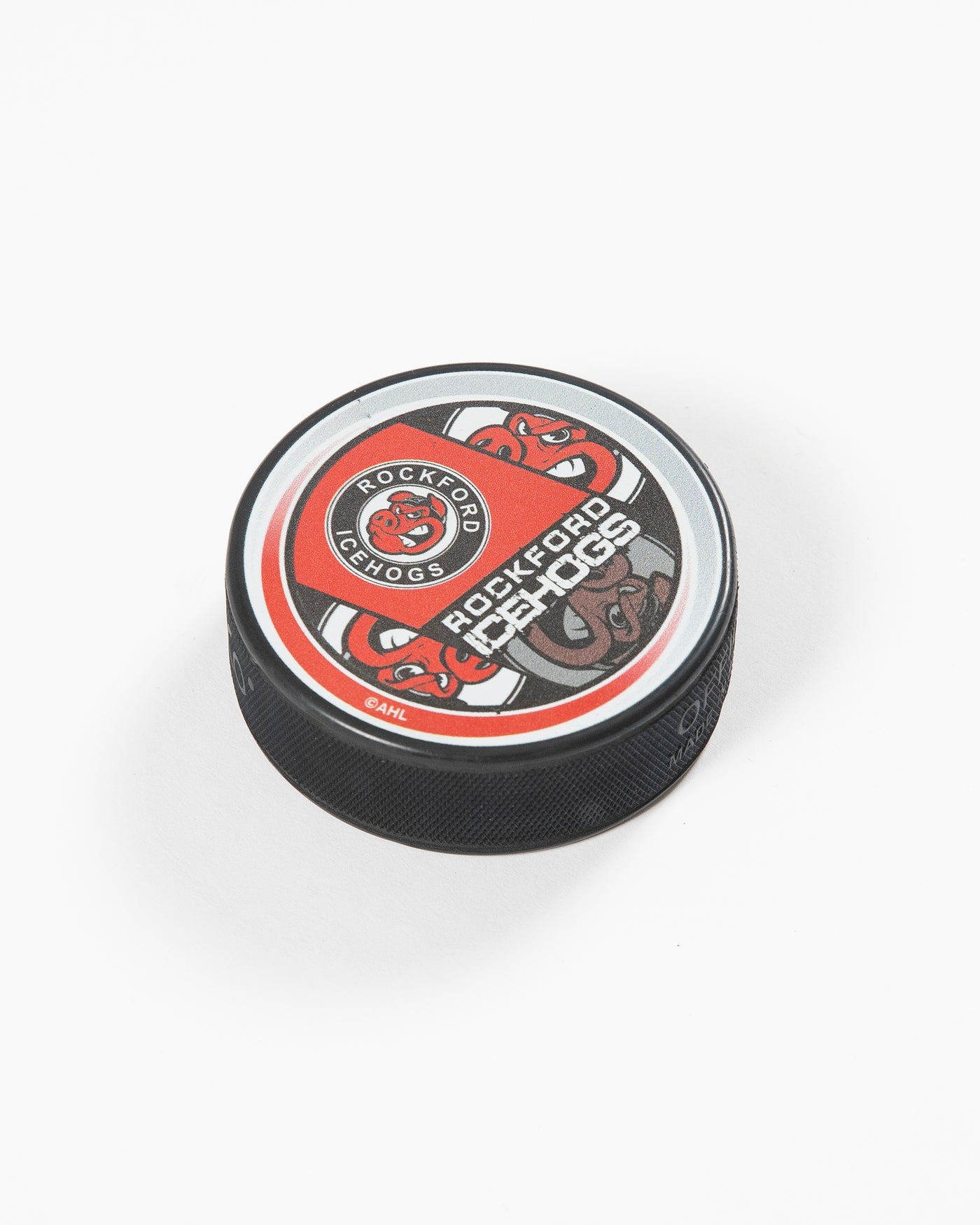 Rockford IceHogs puck with multi logo pattern - angled lay flat