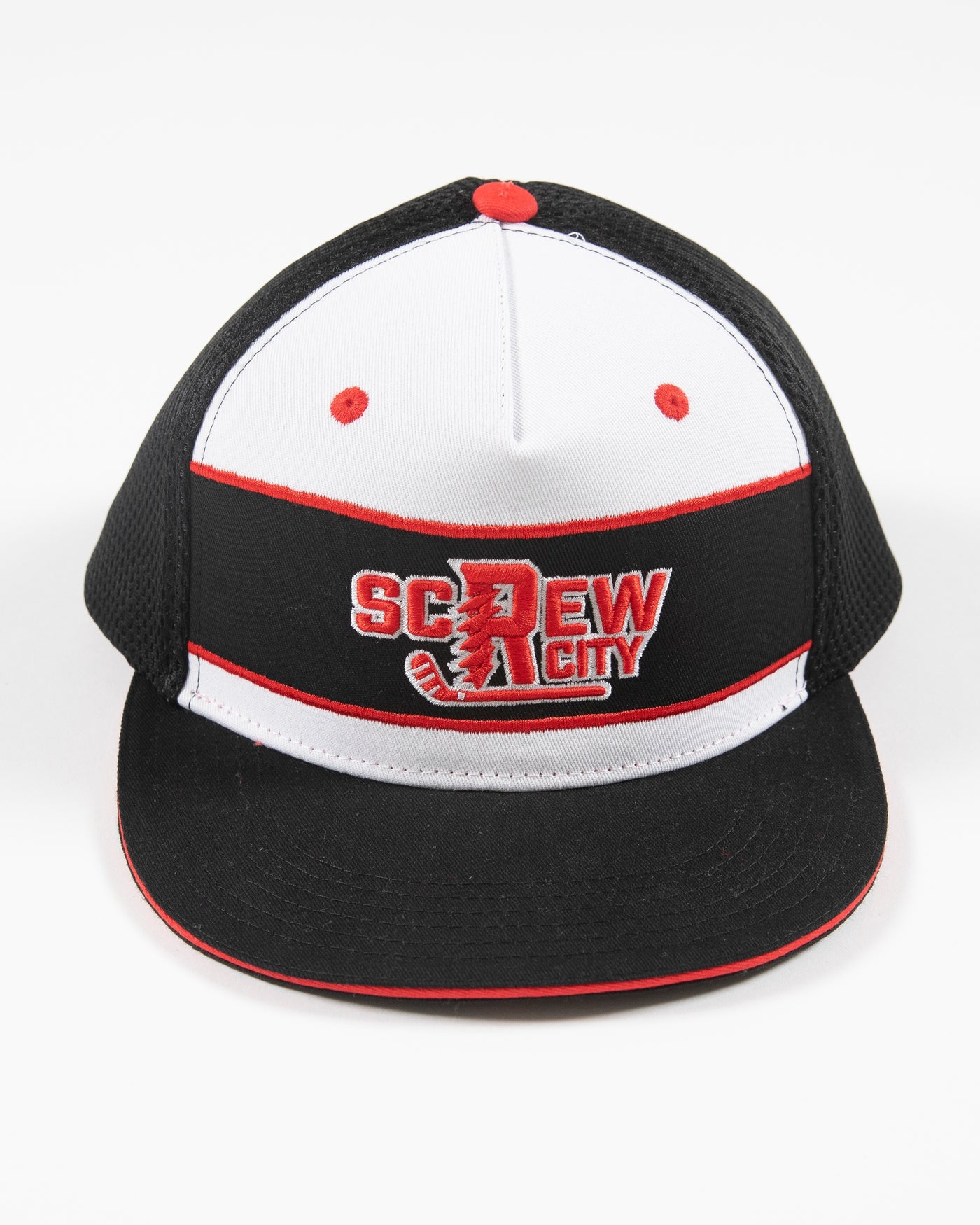 black, white and red adjustable cap with Screw City embroidered decal on front - front lay flat