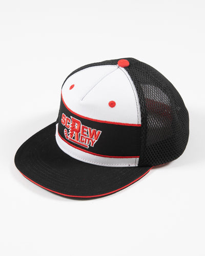 black, white and red adjustable cap with Screw City embroidered decal on front - left angle lay flat