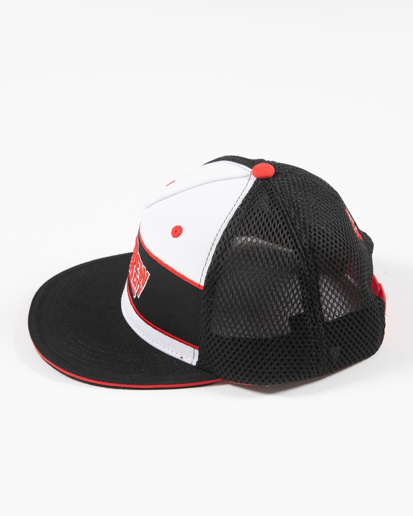 black, white and red adjustable cap with Screw City embroidered decal on front - left side lay flat