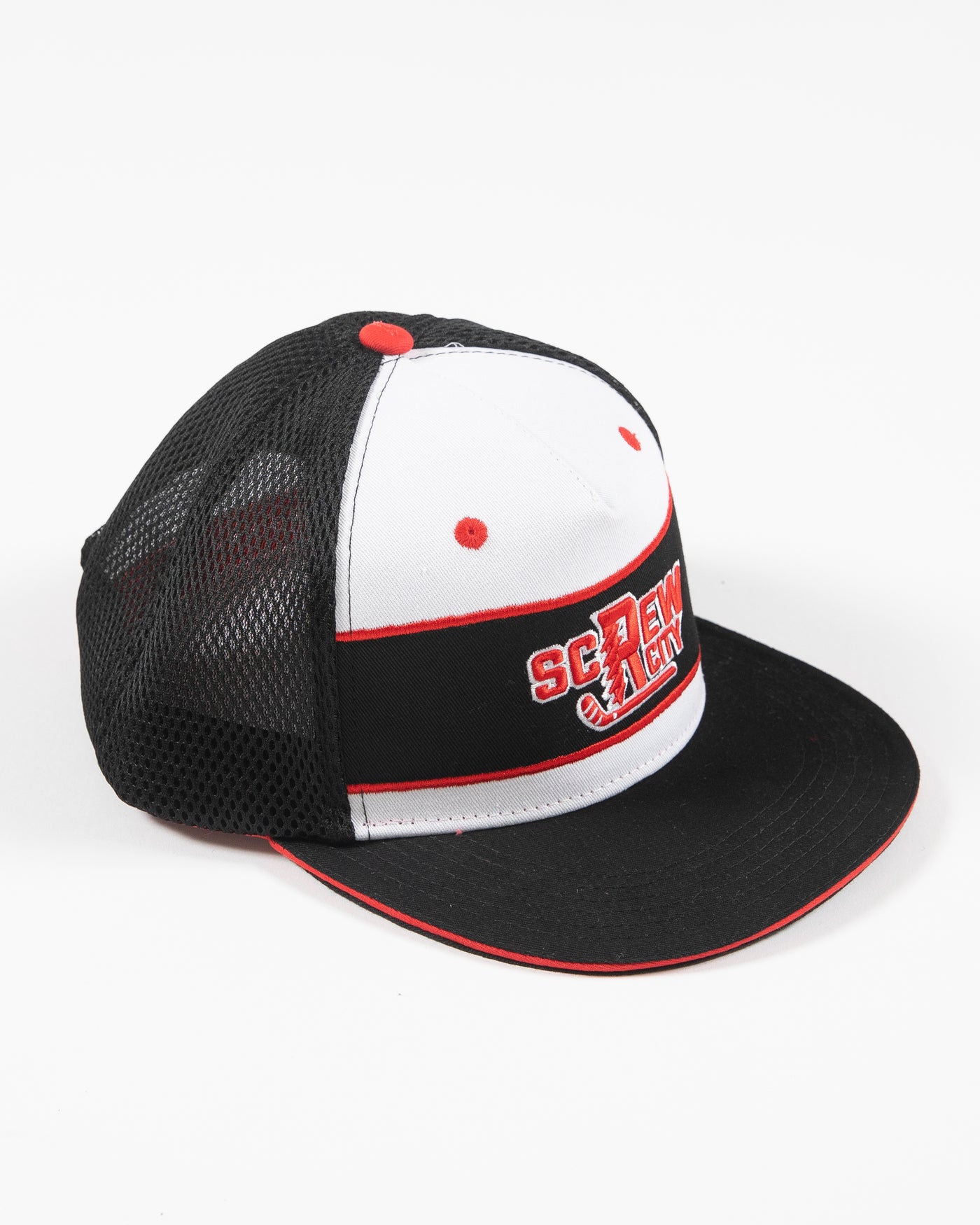 black, white and red adjustable cap with Screw City embroidered decal on front - right angle lay flat
