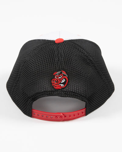 black, white and red adjustable cap with Screw City embroidered decal on front - back lay flat