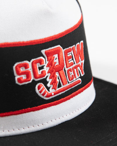 black, white and red adjustable cap with Screw City embroidered decal on front - detail front lay flat