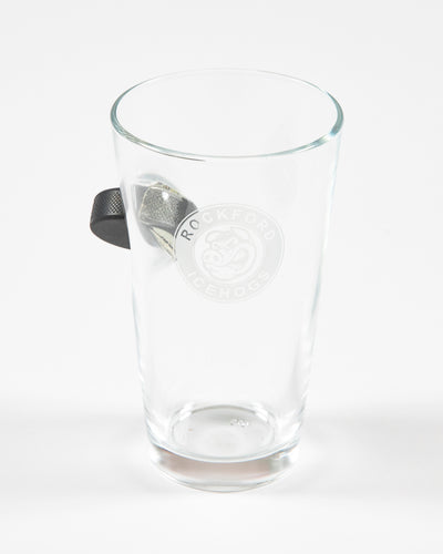 Rockford IceHogs pint glass with puck on side - front lay flat