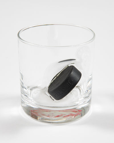 Rockford IceHogs rocks glass with puck going through glass - back lay flat